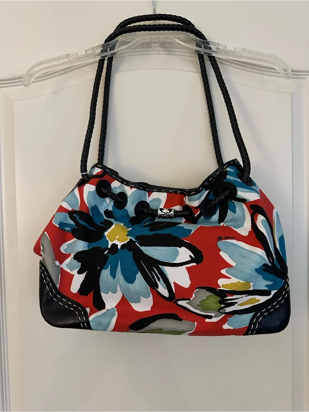 Brighton “Lilly” Shoulder Bag – Red Botanical Floral Canvas – Silver Charms
